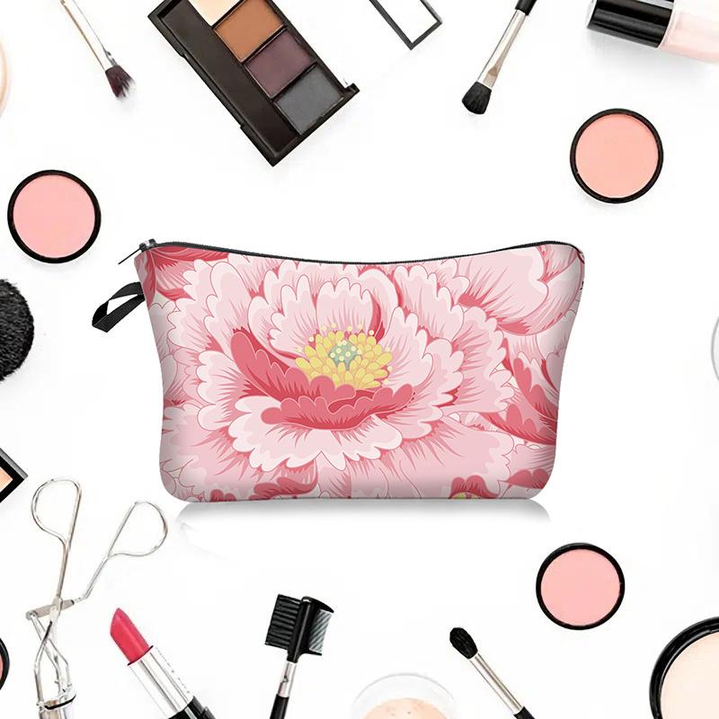 1pc Beautiful Peony Flower Pattern Printed Cosmetics Organizer Bag Women Handhold Bag Travel Makeup Storage Bag for Women Girls Xmas Gift