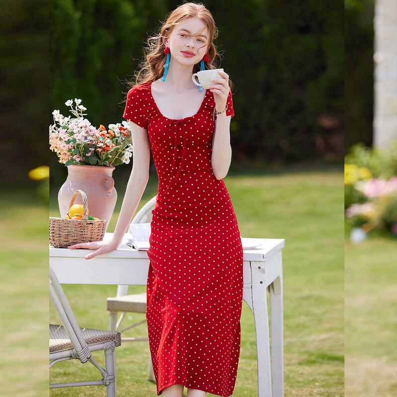 Bailuyu Women's Polka Dot U-Neck Slim-Fit Long Dress