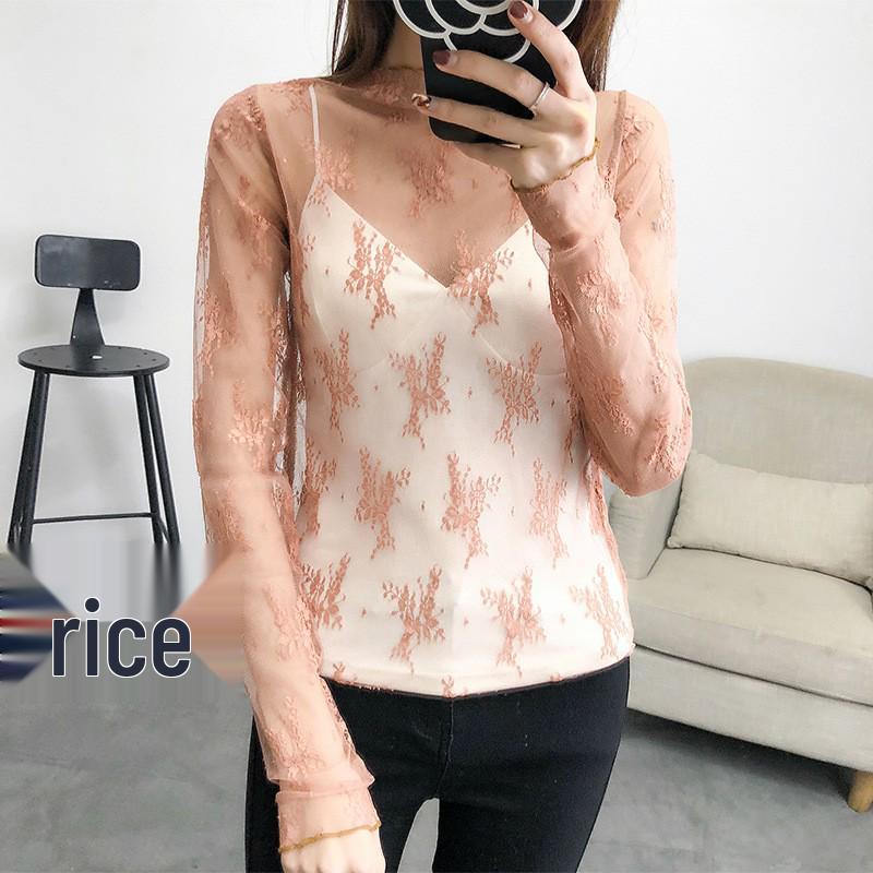 Dámský top s dlouhým rukávem z průsvitné černé síťoviny v korejském stylu