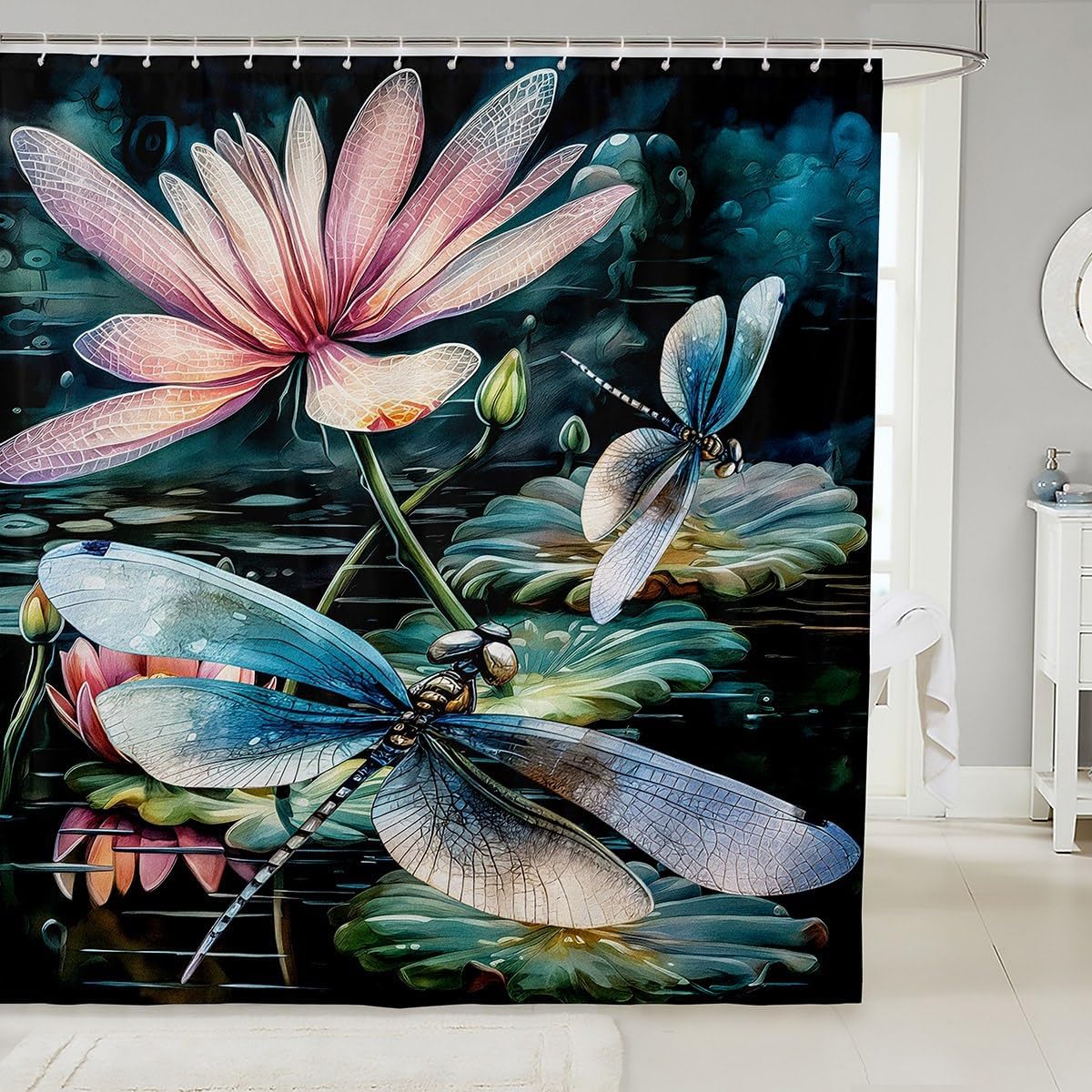 

Dragonfly Summer Shower Curtain Butterfly Flower Lotus Dandelion Floral Nature Bathroom Decor Polyester Bath Curtain With Hook W60H190(CM)-1 Pcs