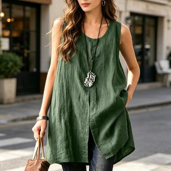 Women Tops Sleeveless Round Neck Front Slit Design T-Shirt Pure Color Loose Fit Summer Casual Camisole Vacation Office Date Wear