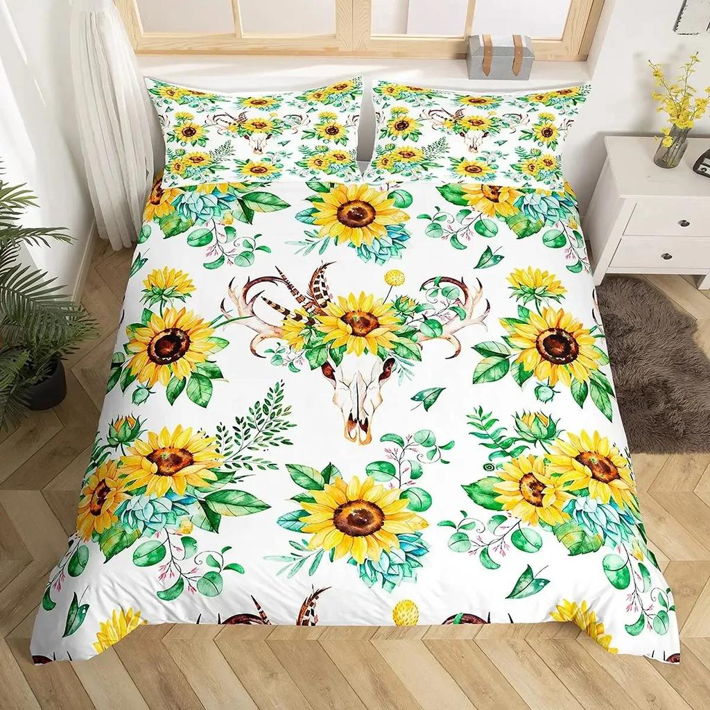 Sunflower Duvet Cover Set,Romantic Flowers On Old Fashioned Letters Postcards Newspapers,girls Sunflower Vintage Bedding Sets