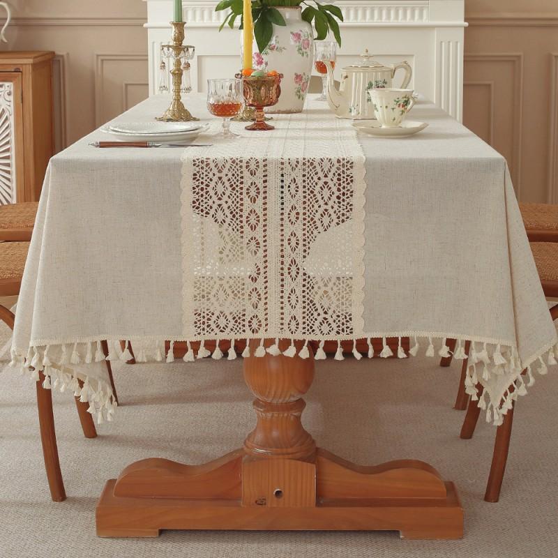 Cotton Linen Blend Tablecloth With Cutout Detail Solid Color Rustic American Farmhouse Style Rectangular Dining Table Cover