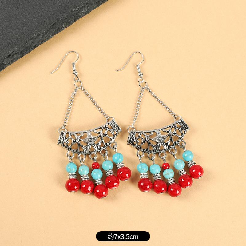 Retro ethnic style fringed earrings blue and red simple long bohemian earrings vacation style women's Tibetan silver earrings