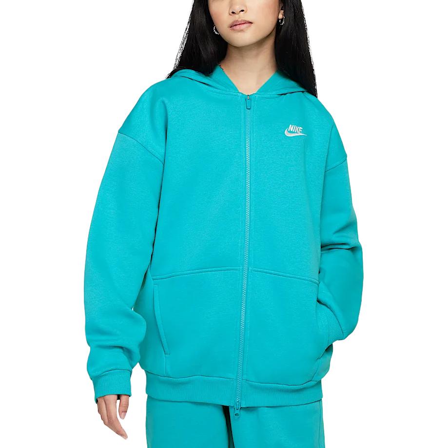 Nike Sportswear Club Fleece Oversized Full-Zip Hooded Sweatshirt Kids Tops Cactus-Green White FD2931345