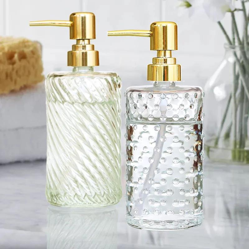 400ml Glass Lotion Bottle Hand Sanitizer Bottle Stripe Pump Head Push Gold Bathroom Body Soap and Soap Liquid Bathroom Storage