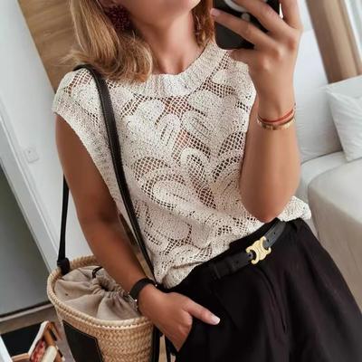 Fashion Sleeveless Solid Color Hollow Out Knitted Pullover Vest Top For Ladies