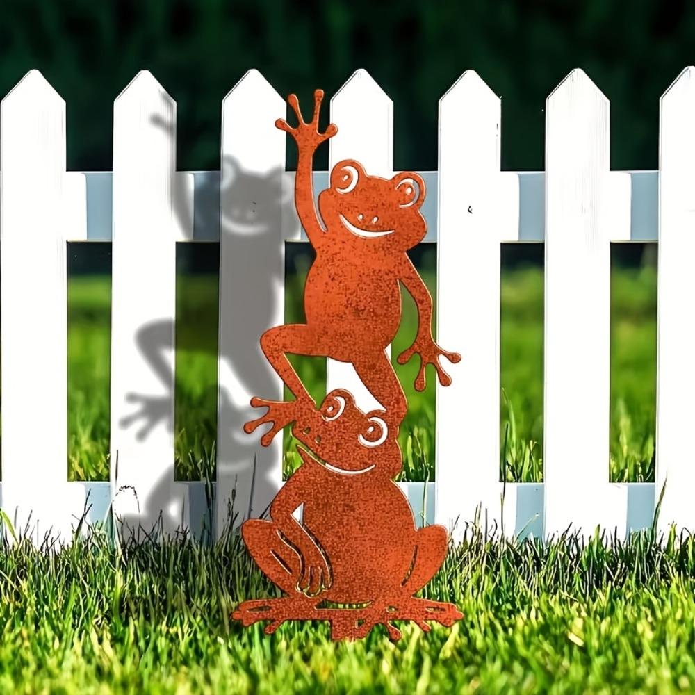 Vintage Rusty Iron Frog Garden Stake Stacked Metal Yard Art Country Outdoor Decor