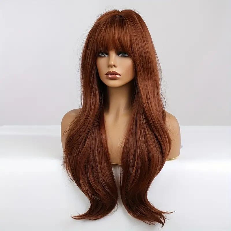 Mode Transfrontalière Réglable Résistante à la Chaleur Longs Cheveux Bouclés Frange Châtain Clair Dentelle Perruque Amincissante pour Visage Femme Densité 130%