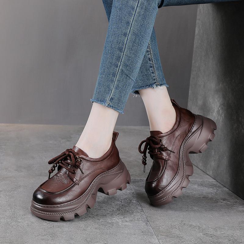 Women's Genuine Leather Thick Sole Retro Loafers - British Style, Height-Increasing Autumn Shoes
