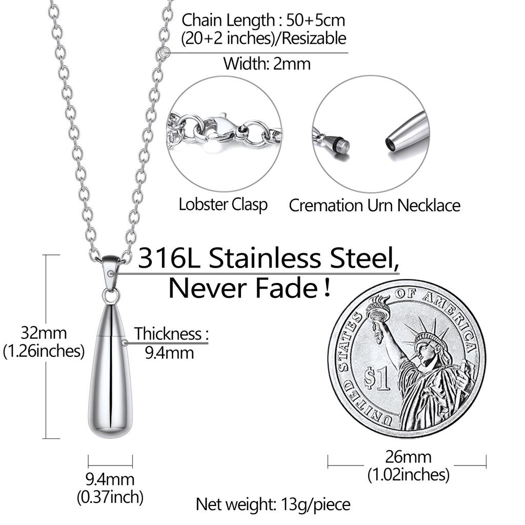 U7 Cremation Urn Jewelry Waterdrop Necklace for Ashes of Loved One Pet Dog Cat Hair Urns Bottle Memory Legacy Jewelry Gift