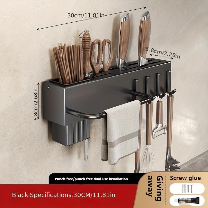 Modern Wall-Mounted Knife Rack with Utensil Holder, Carbon Steel & Plastic Kitchen Organizer, No-Drill Cutlery and Chopping Board Storage Rack