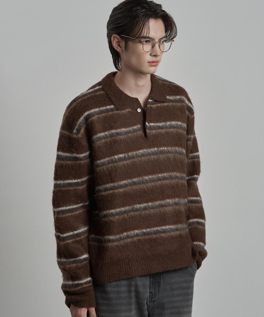 WORK ON BODY OFF Lanugo Semi-Overfit Striped Brush Collar Knit [Brown]