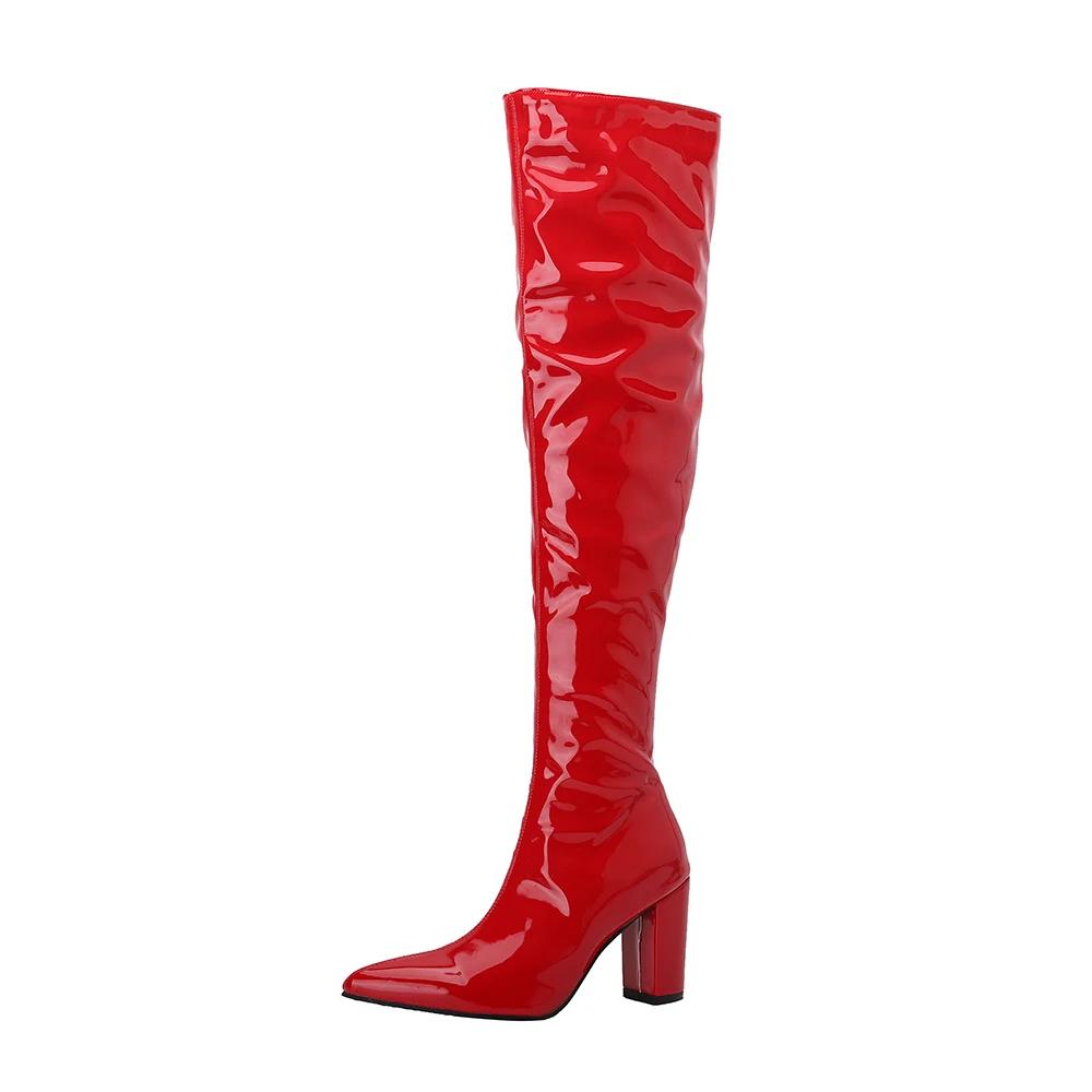 Black Sexy Over The Knee Boots Women Chunky High Heels Ladies Thigh High Boots Patent Leather Long Boots Female Shoes Size 44