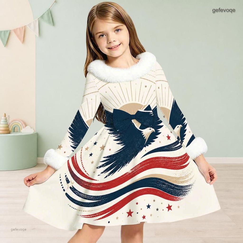 Girls White High Neck Long Sleeve Printed A Line Flared Dress With Bow Fur Trim
