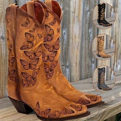 Botas vaqueras con mariposas bordadas a la moda, botas medievales estilo western rústicas de color canela, botas retro de cuero hasta la rodilla para mujer