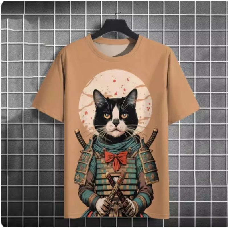 Fashionable Casual Cool Warrior Cat Pattern T-shirt Summer Men Fun Hip-hop Harajuku Street Animal Print Casual Short Sleeved T-shirt