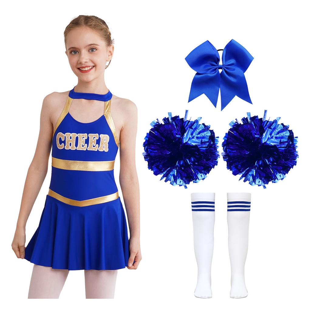 Kids Girls Cheerleading Outfits Letter Print Patchwork Sleeveless Dance Dress Bowknot Headwear Hand Flowers Striped Tube Socks