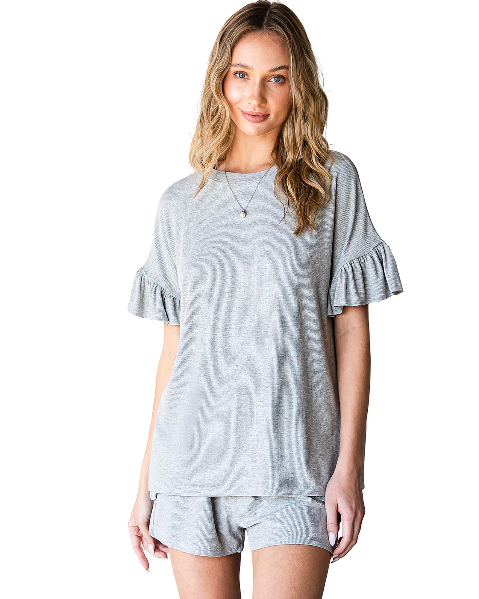 

Azura Exchange Ribbed Knit Ruffle Trim Short Set M серый