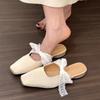Fashion Bow Women Heeled Slippers Lace Square Toe Mules Shoes Sandals Designer 2025 Fad Elegant Flip Flops Summer Dress Sandalias Mujer