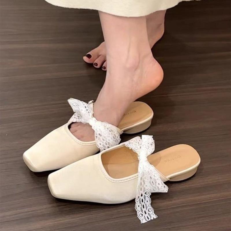 Fashion Bow Women Heeled Slippers Lace Square Toe Mules Shoes Sandals Designer 2025 Fad Elegant Flip Flops Summer Dress Sandalias Mujer