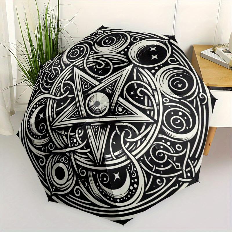 Bohemian Star Mandala Umbrella - Automatic Open/Close Compact Folding cane with Black & White Celestial Design, Portable Trave