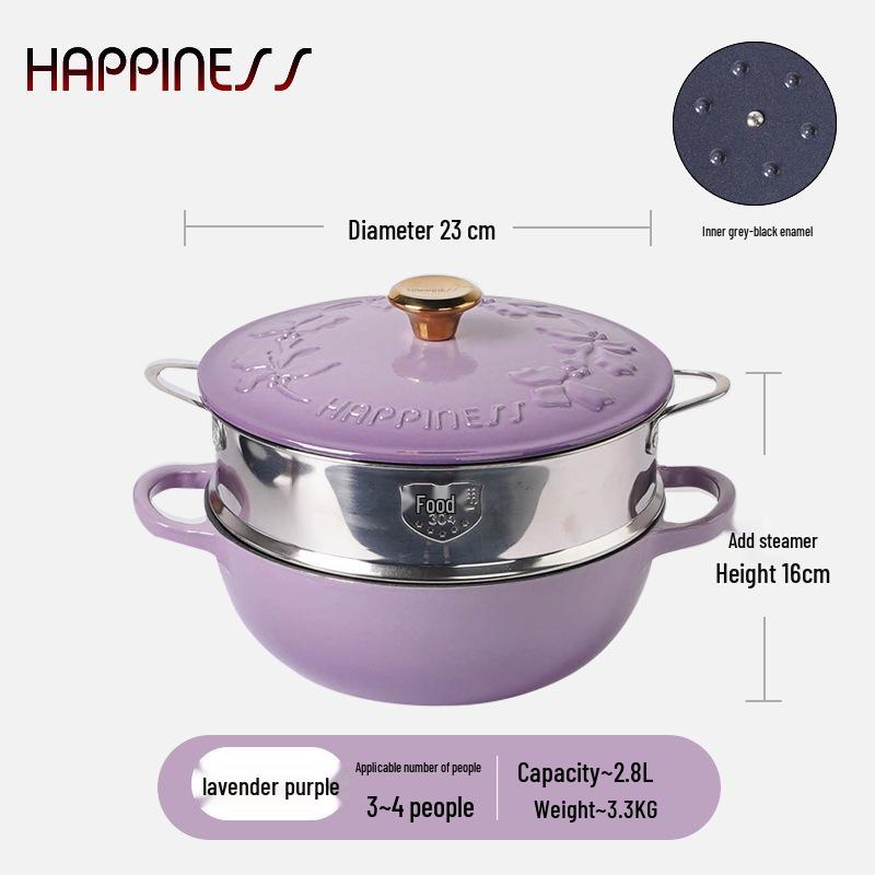 Little Happiness 23cm Non-stick Enamel Embossed Soup & Stew Pot, Induction Compatible