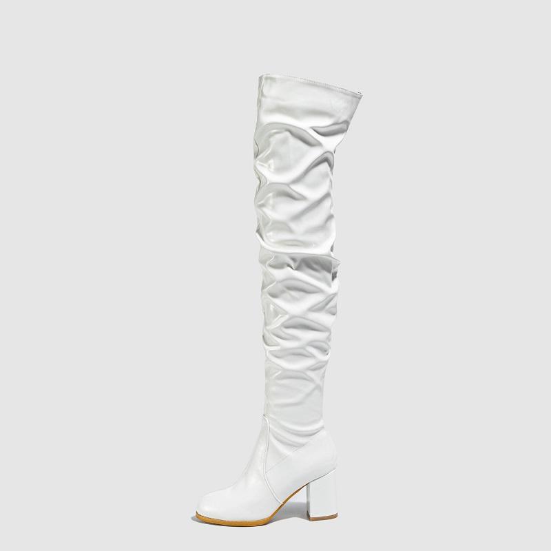 

Pesstwei Winter Patent Leather Women Over-the-knee Boots Fashion Nightclub Round Toe Zip Booties Square High Heels Ladies Shoes 35 білий