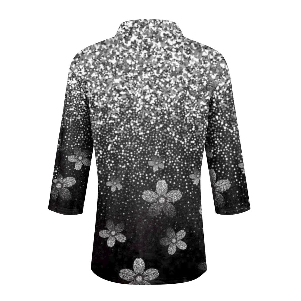 Women's Summer Fashion Casual Printed V-Neck Seven-Point Sleeve   Shirt Top