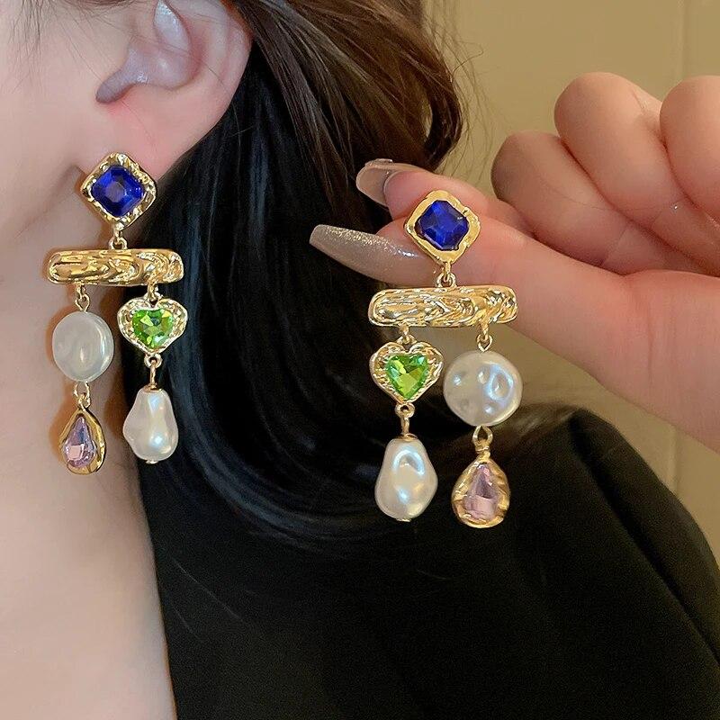 Rhinestone Asymmetrical Simulation Pearl Earrings for Women Palace Style Retro Earring Jewelry