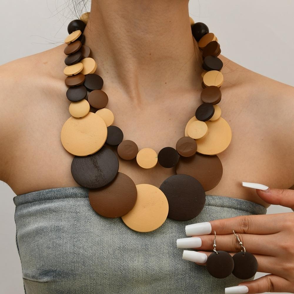 Gioielli Africani Bohemien Colorati Geometrici Rotondi Perline di Legno Collana di Perline Fatta a Mano E Orecchini Accessori da Festa da Donna