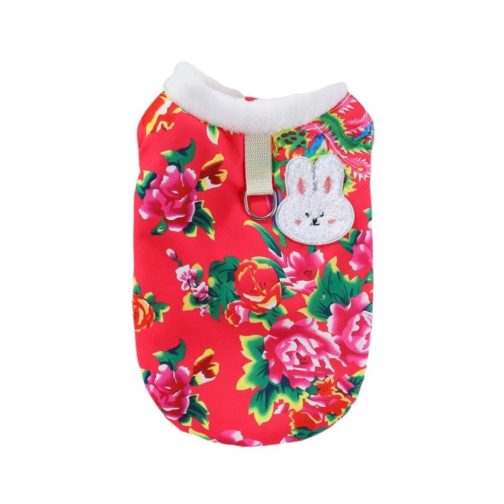 Dog Clothes Thickened In Autumn and Winter Go Out Pet Cat Festive New Year's Clothing Northeast Large Flower Jacket Small Medium and Large Dog