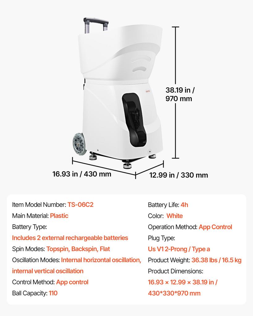 VEVOR Tennis Ball Machine Auto Portable Ball Launcher for Practice Training, with App Remote Control, 110 Ball Capacity, Spin Control