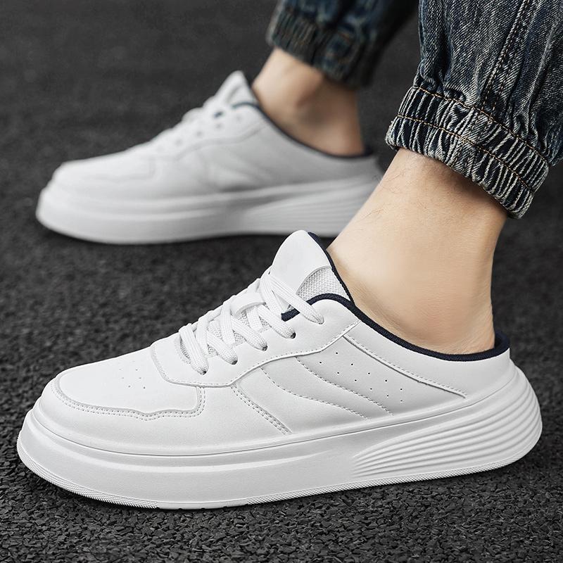 White Mules Man Slip On Flats Sneakers Half Shoes For Men Open-Back Loafers Slippers Casual Board Shoes Leather Slide Sandals