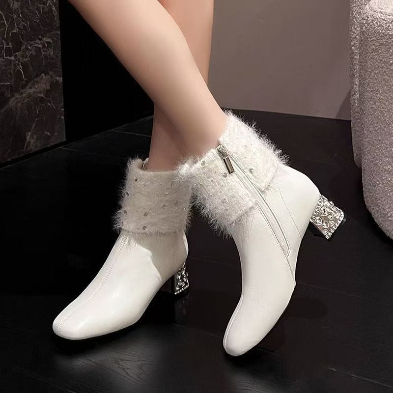 Women's Short Boots 2025 New Water Diamond Fur Coarse Heel High Heels Fashion Square Head with Velvet Thick Bottom Midsole Boots