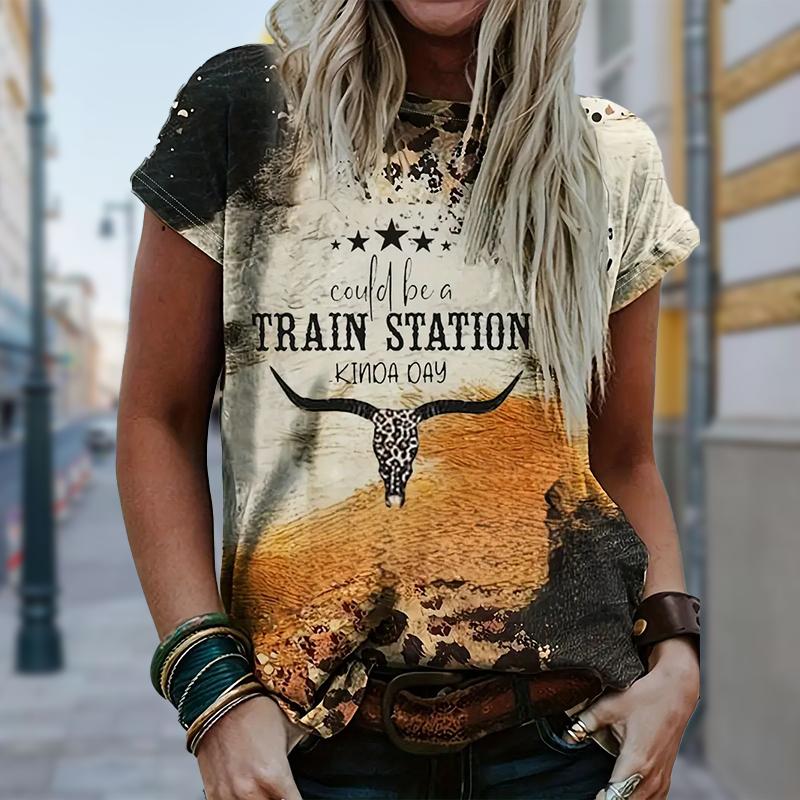 Women Summer T Shirt Retro Fashion Short Sleeve Tees Casual Trend Printed  Tops