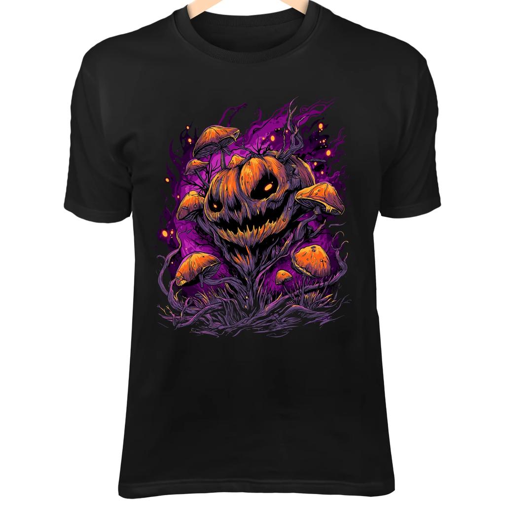 Art Crâne Souriant - Champignons Orange Lumineux, Brume Violette & Forêt d'Halloween