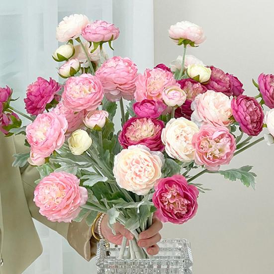 Artificial Ranunculus Asiaticus 2 Head Realistic Fake Silk Flower with Stem Home Office Wedding Party Faux Flower Decoration