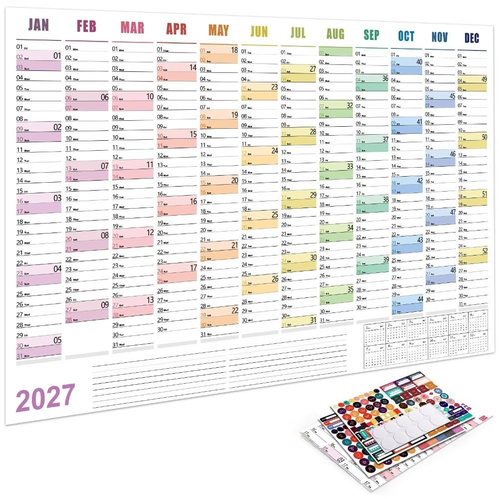 Layout Multicolore Planner Annuale 2027 Calendario Cartaceo Foglio Pianificatore Pianificazione Ufficio Domestico