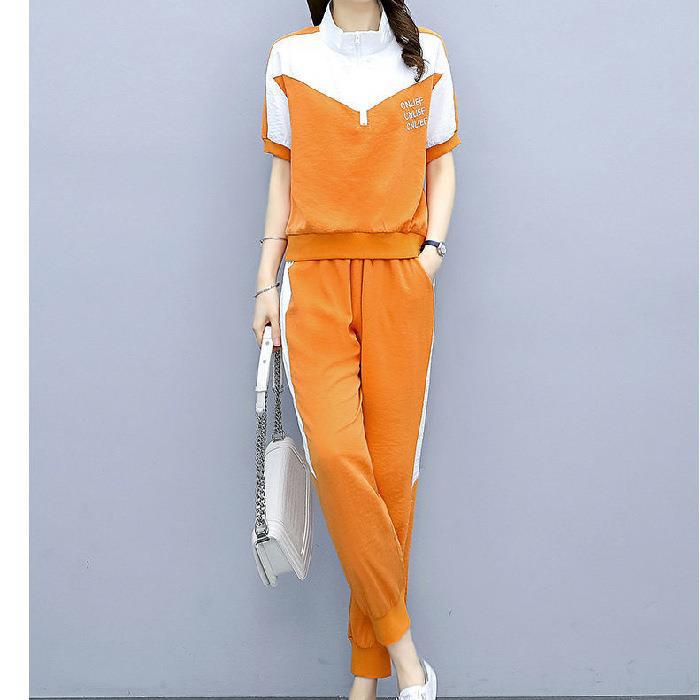 

Sports Suit for Women Summer Fashion Contrasting Color Splicing Suit Casual Sports Two-piece Suit for Women 3XL помаранчевий