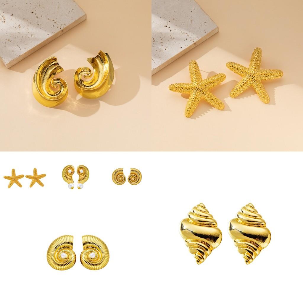 Vintage Inspired Alloy Geometric Animal Design Earrings With Pearls And Shells For Women Summer 2024