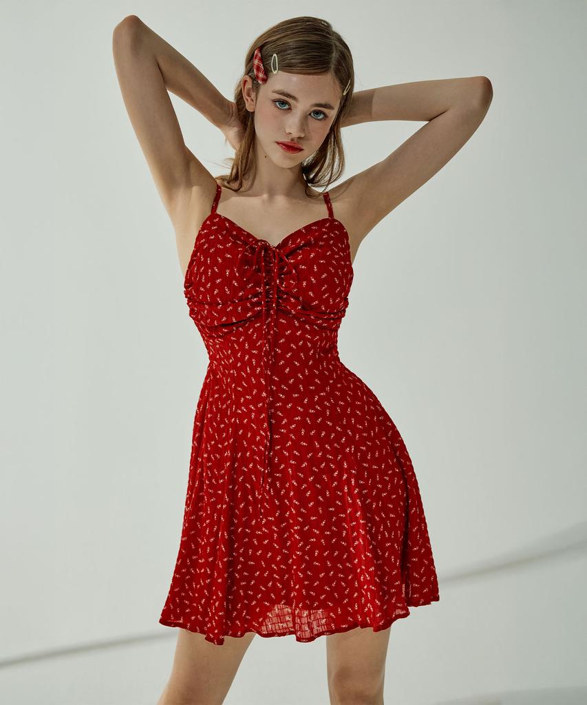 VIKINI VENDER Fraise Ribbon Shirring Mini Dress