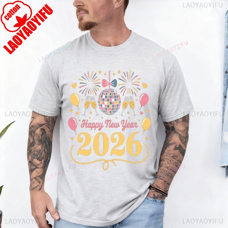 Happy New Year 2026 Celebration Party Lover Baloon Firework Short Sleeve Cotton Top All Seasons Casual Fashion Comfortable Tees