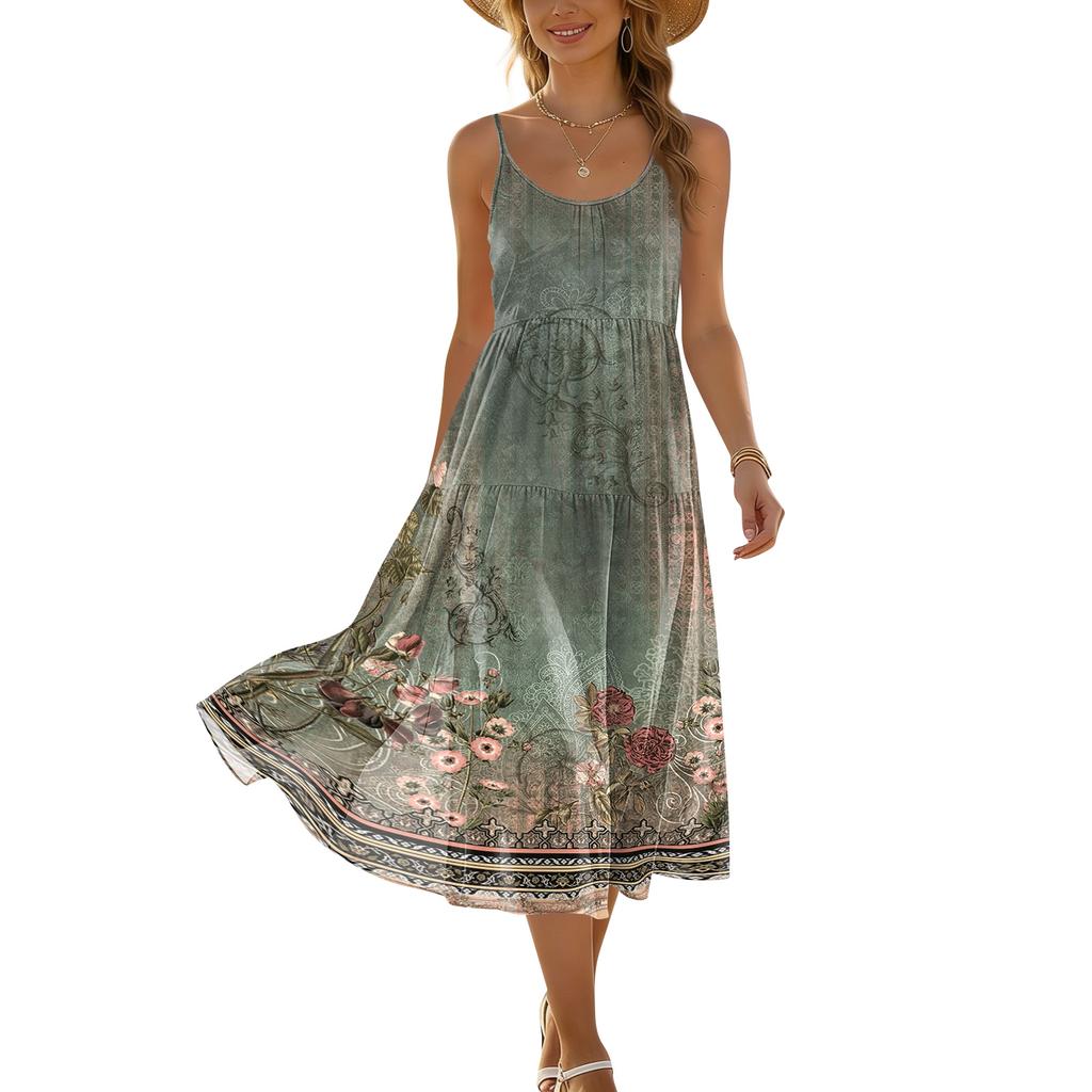 Women’s Summer Floral Print Pocket Adjustable Strap Bohemian Casual Beach Holiday Sundress Loose Fit Sleeveless Dress