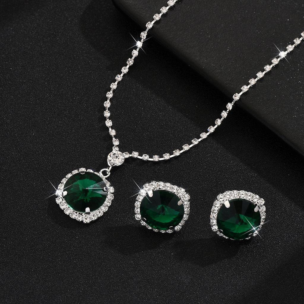 Emerald Full Diamond Square Set Necklace Earrings Jewelry Two-Piece Set