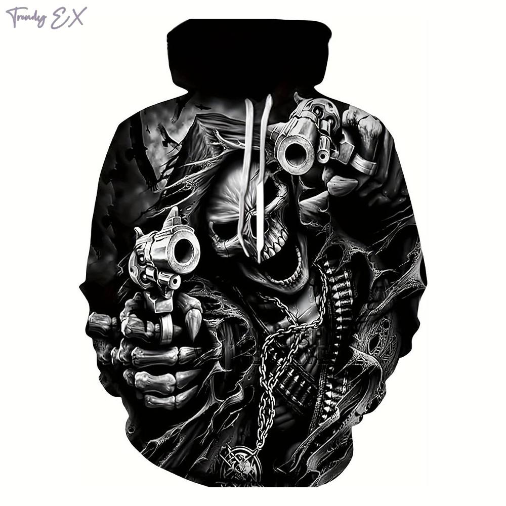 Hooded Sweatshirt Man 3D Digital Skull Graphic Hoodies Casual Kangaroo Pocket Long Sleeve Hoodie Men Autumn New in Sweatshirts