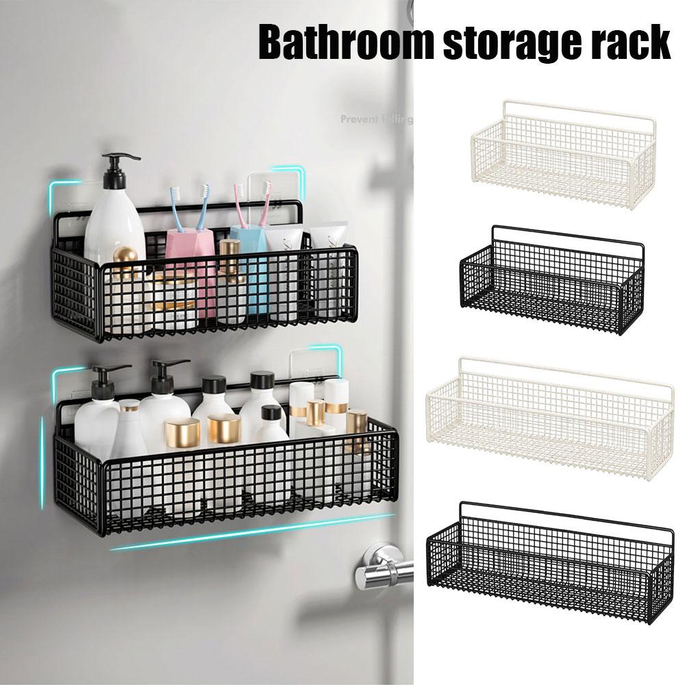 Black White Bathroom Storage Shelf Iron Organizer Shelf No Drill Storage Rack Kitchen Grid Shelf Wall Hanging Bathroom Supplies
