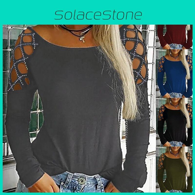 Plain Long Sleeve T Shirt With Embellished Rhinestones For Women Fashion