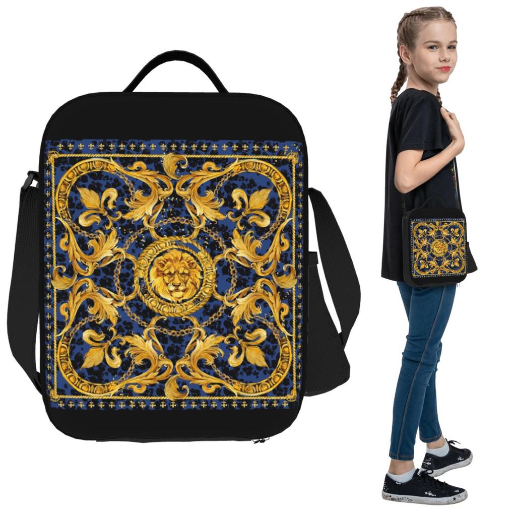 Golden Lion Baroque And Damask Ornament Insulated Lunch Bag Office Cooler Thermal Food Box Tote Portable Lunch Boxes Container