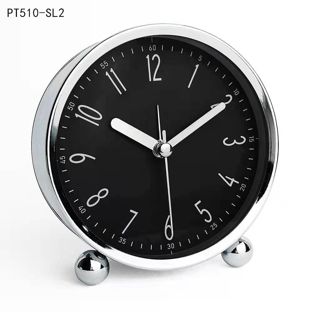 Round Alarm Clock Study Desk Alarm Clock Pointer Type Quartz Clock Bedside Table Clock Silent Metal Seat Clock